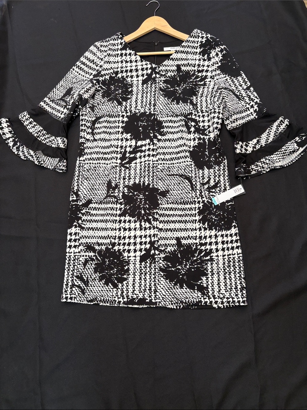 Studio One Black & White Floral Houndstooth Midi Dress with Tiered Bell Sleeves